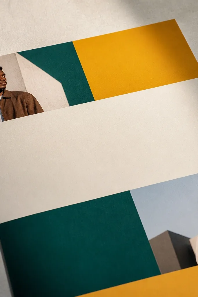 Color block headings with photos placed only at the corners of the page