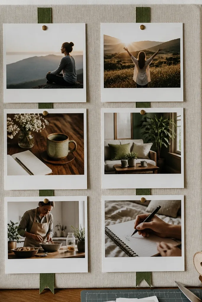 Two vertical columns with fabric ribbon accents and photos pinned with tape