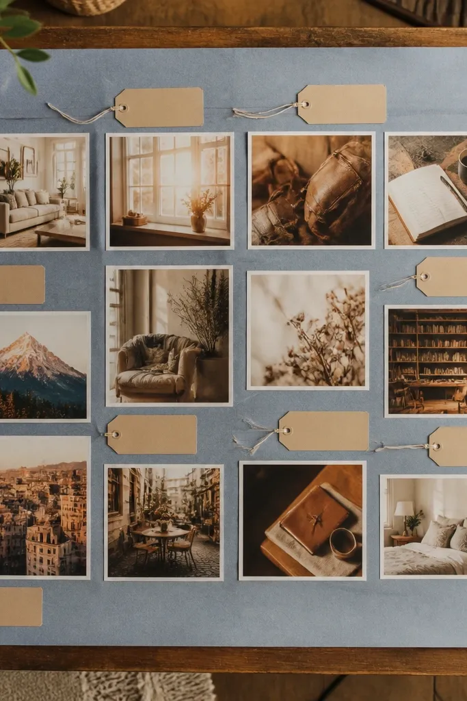 Denim-blue paper background with warm-toned photos and tan label tags