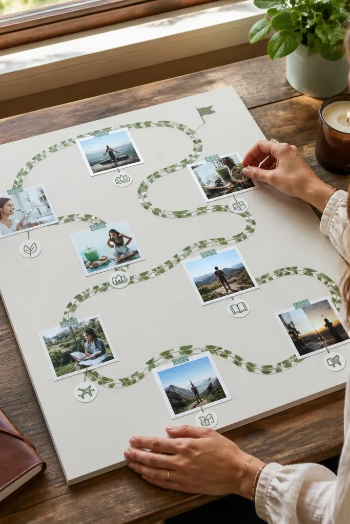 Green washi tape path with photos stepping along it and small icons