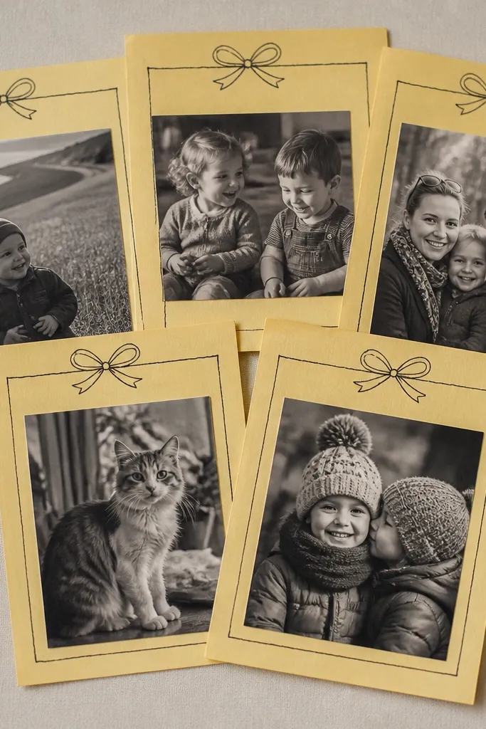 Pale yellow note paper rectangles with cutouts and black handwritten headings