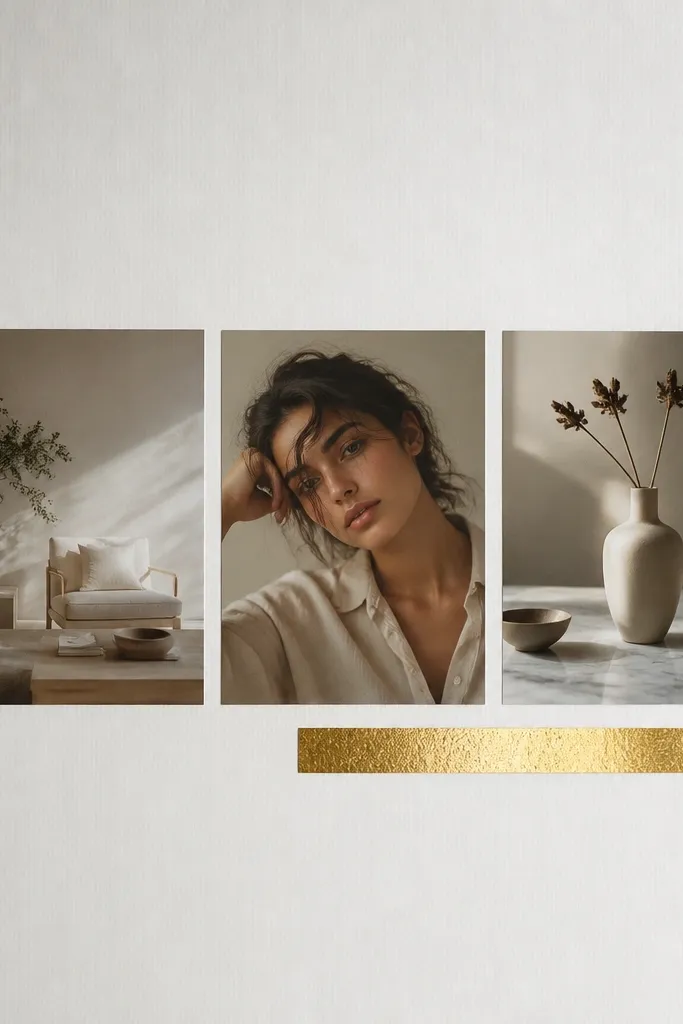 Neutral board with three photos and gold foil label strips