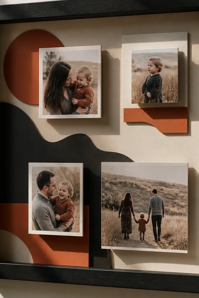 Foam board collage with layered photos and paper depth creating a shadow-box look