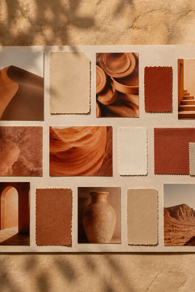 Rust and cream photos with sand-colored labels and a simple grid layout