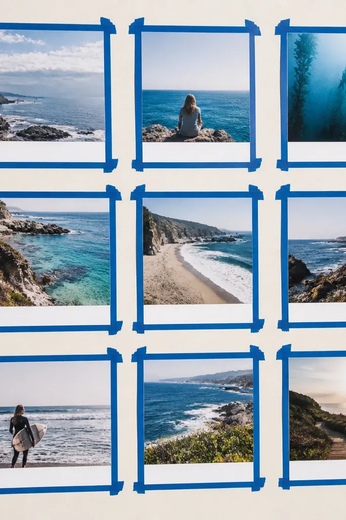 Ocean blue washi tape at corners with white caption strips