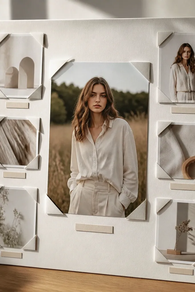 Folded paper corner frames with one large center and minimal text