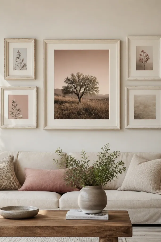 Five off-white frames with one large center print and smaller matching prints around it
