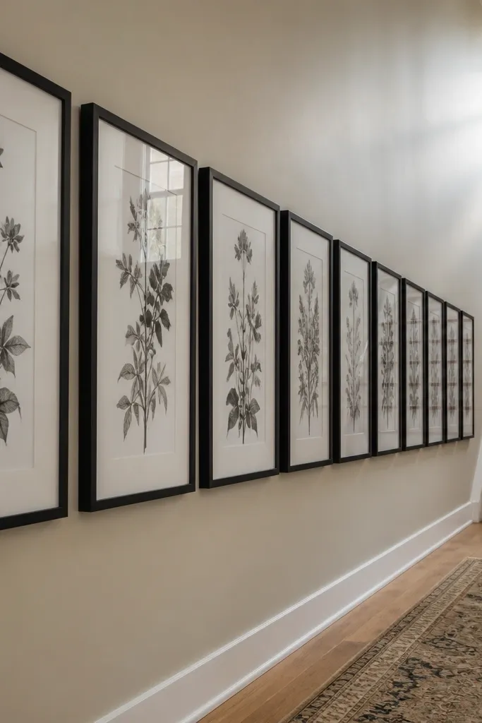 Six tall frames in a straight horizontal line with equal spacing
