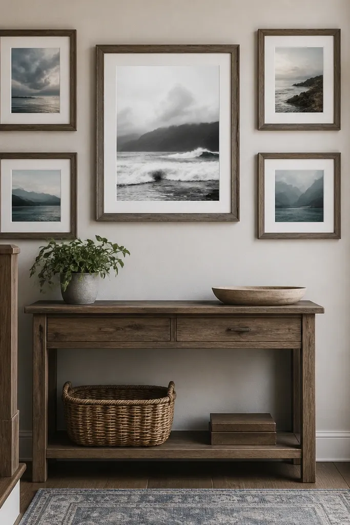 A gallery wall where the center frame is higher than the surrounding frames