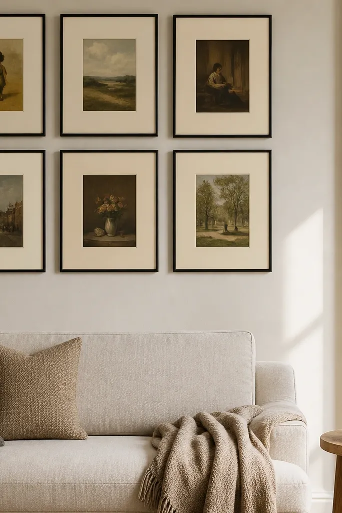 Same style frames containing different mat colors and thrift prints