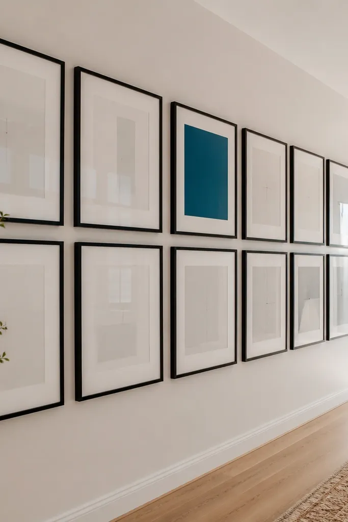 Black frames with mostly white prints and one print that uses a bold accent color
