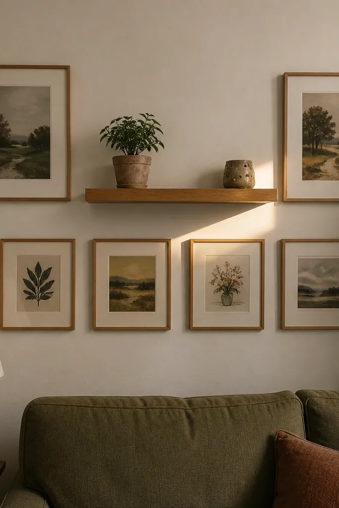 A floating shelf with small frames below it and a few decorative objects