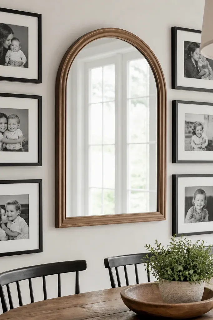 A wall gallery where a mirror sits among several frames