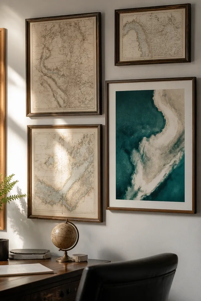 Several vintage map prints in frames with one modern colored abstract print