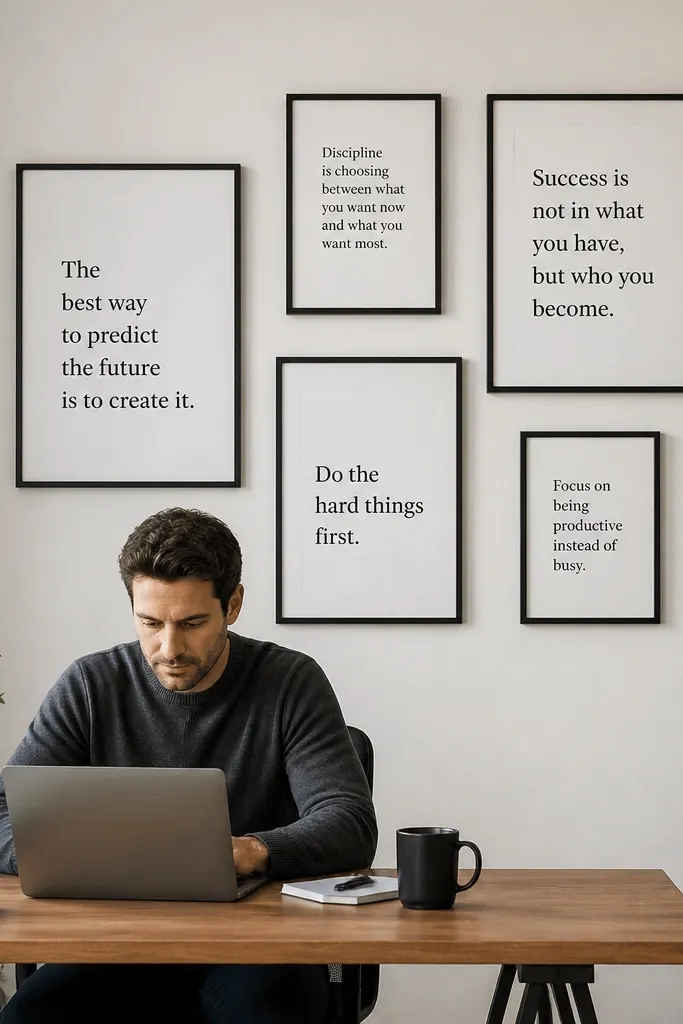 Frames with minimalist typography quotes arranged in a clean two-size pattern