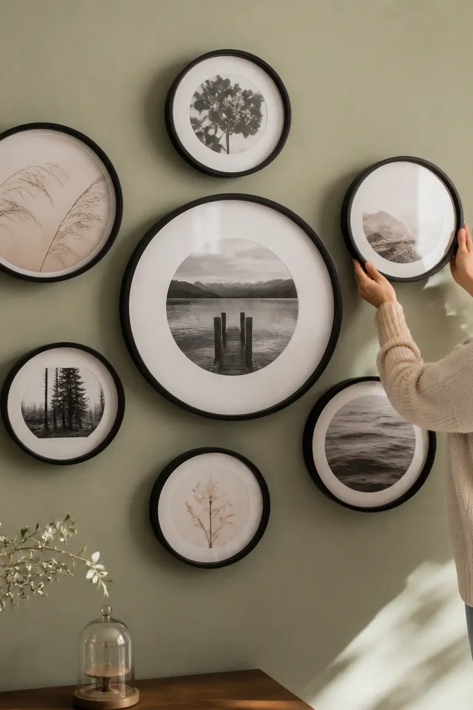 Several round frames arranged in a circular bubble pattern with one larger circle in front