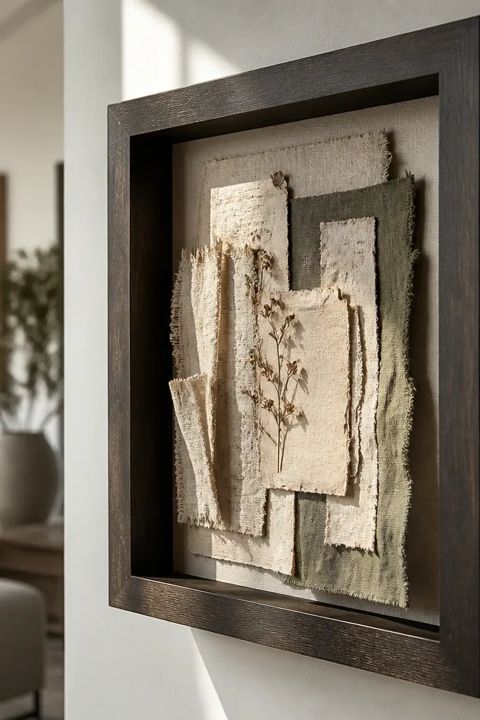 Shadowbox frames with layered fabric and paper cutouts arranged in a neat vertical set