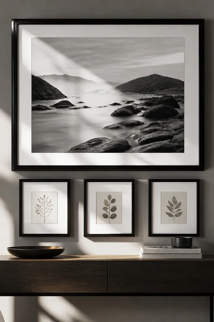 One oversized framed print with three smaller frames lined up beneath or beside it