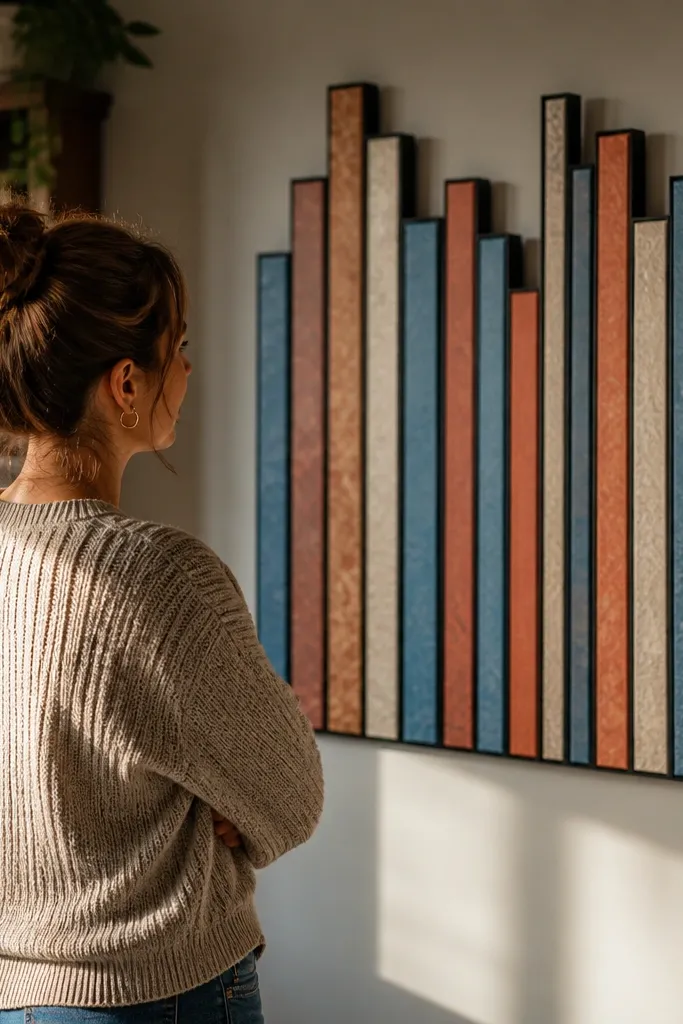 Frames containing book spine-style art arranged in a staggered pattern