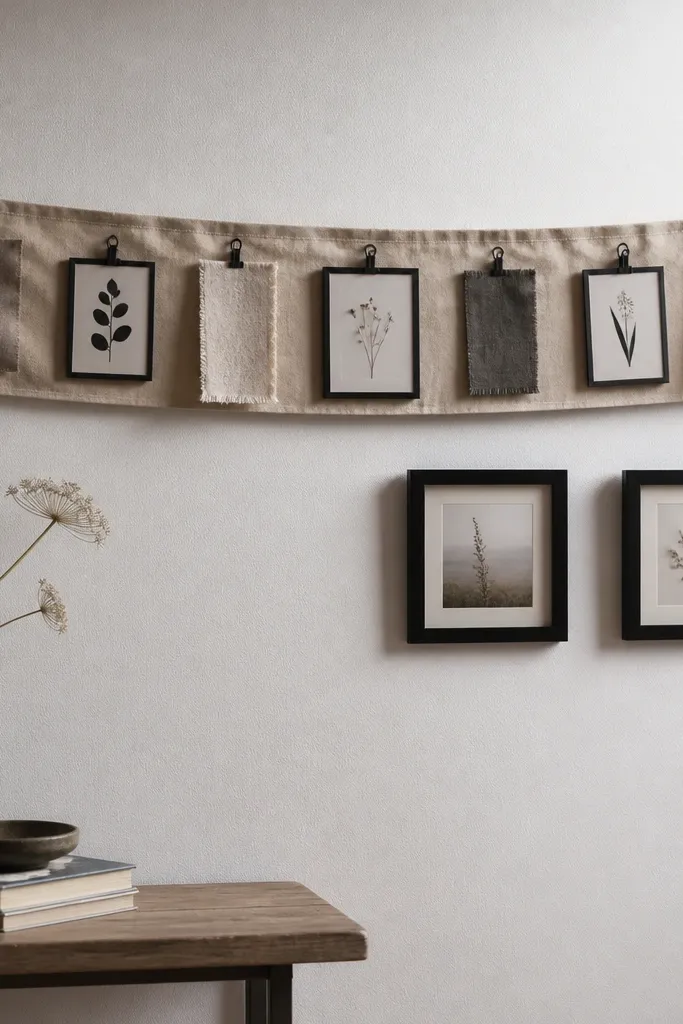 A small fabric banner with clipped fabric pieces and a couple of framed prints