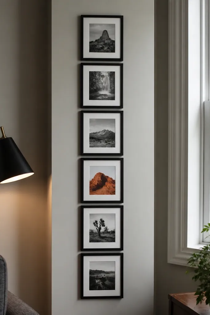 A vertical strip of monochrome photos with one frame that contains a colored image