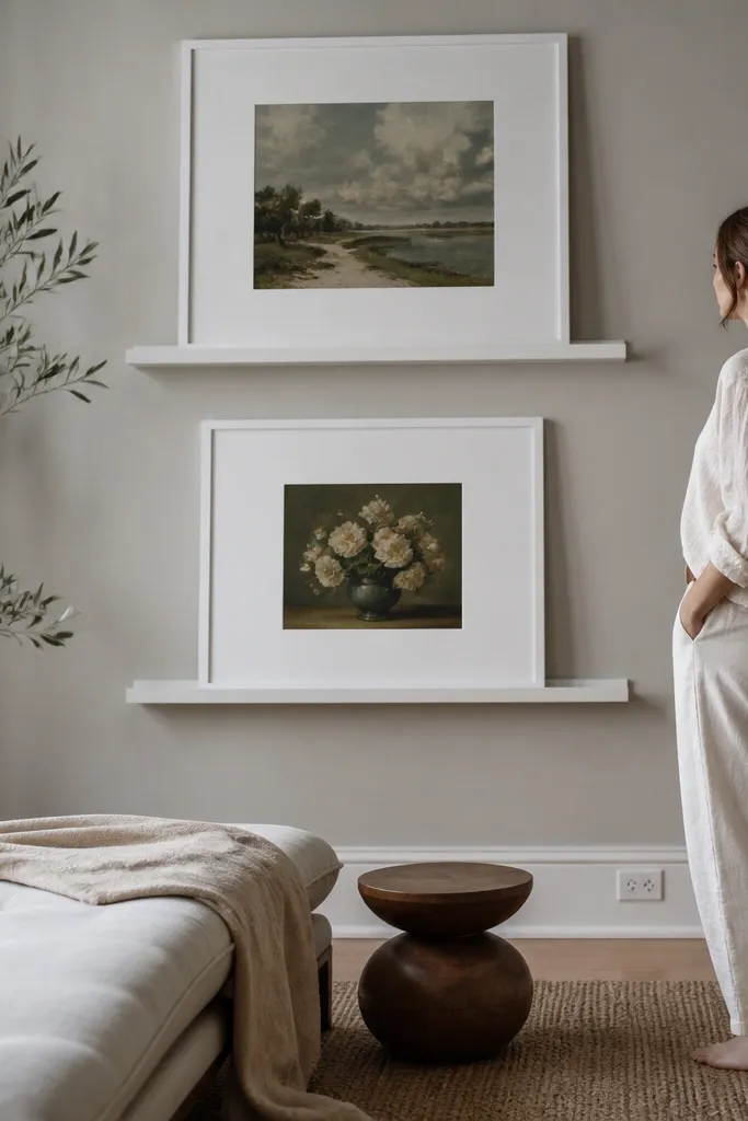 Two wide wall frames with oversized white mats and layered art inside.