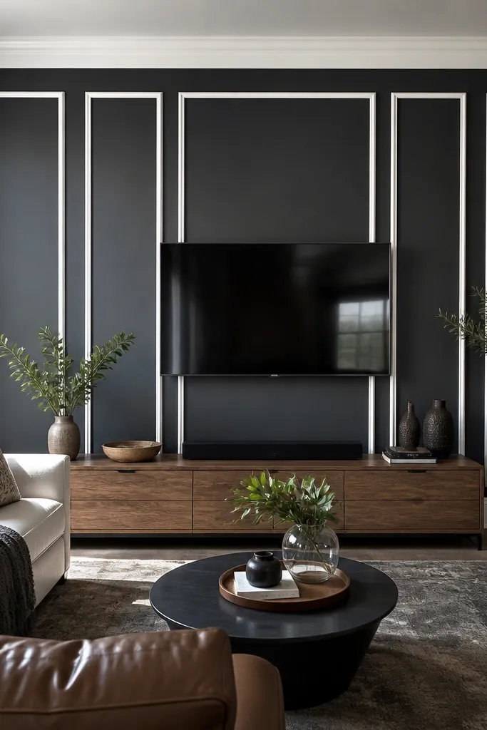 White tall moulding rectangles framing a TV on a living room wall