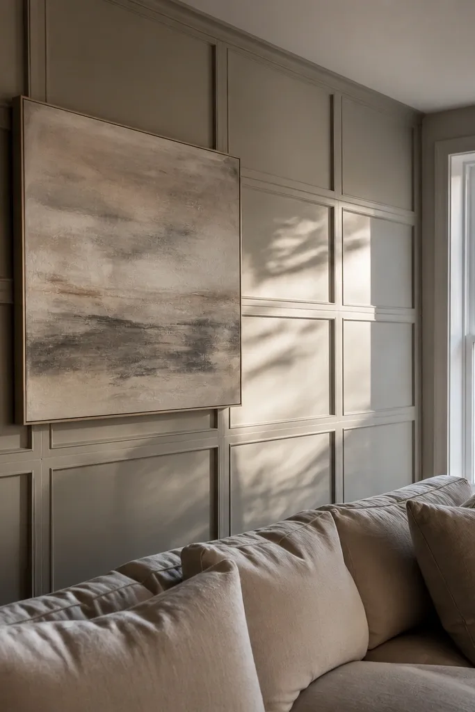 White rectangle grid moulding on a neutral living room wall