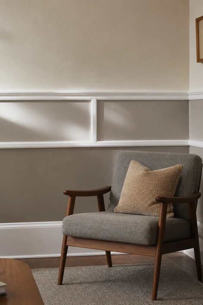 Chair rail moulding with a higher mid-wall panel look in a living room