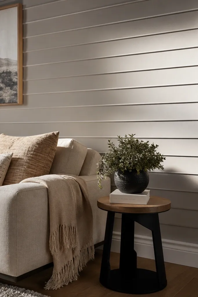 White horizontal moulding lines creating a shiplap-like texture on a living room wall