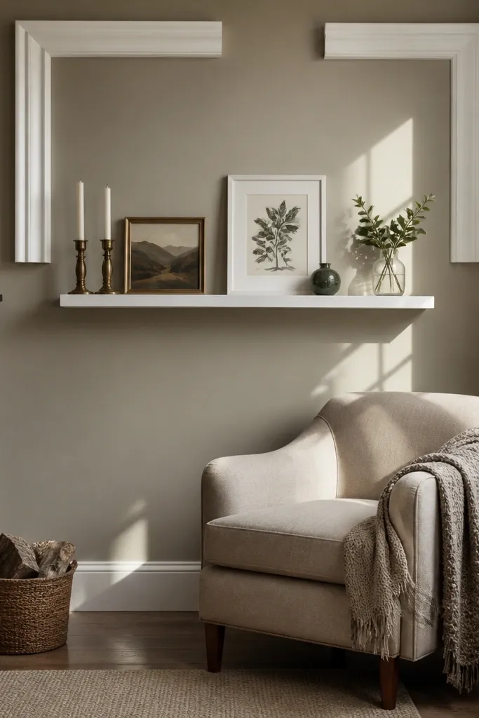 Moulding corner frames forming large L-shapes on a living room wall
