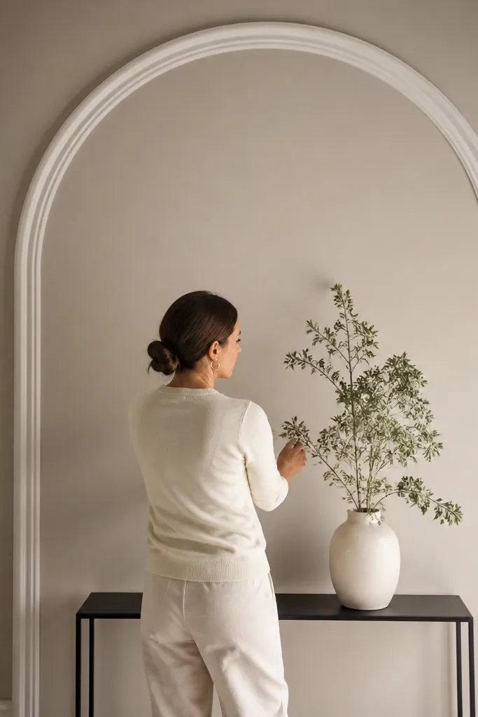 White arched moulding panel frame over a living room wall section