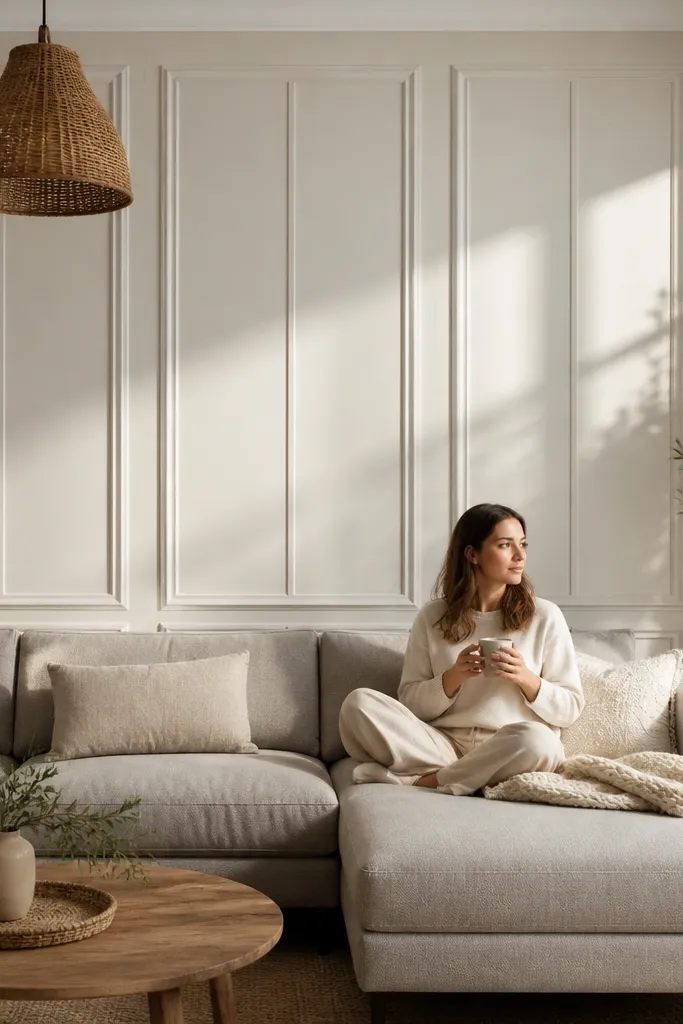 Vertical moulding panels with a central divider on a living room wall