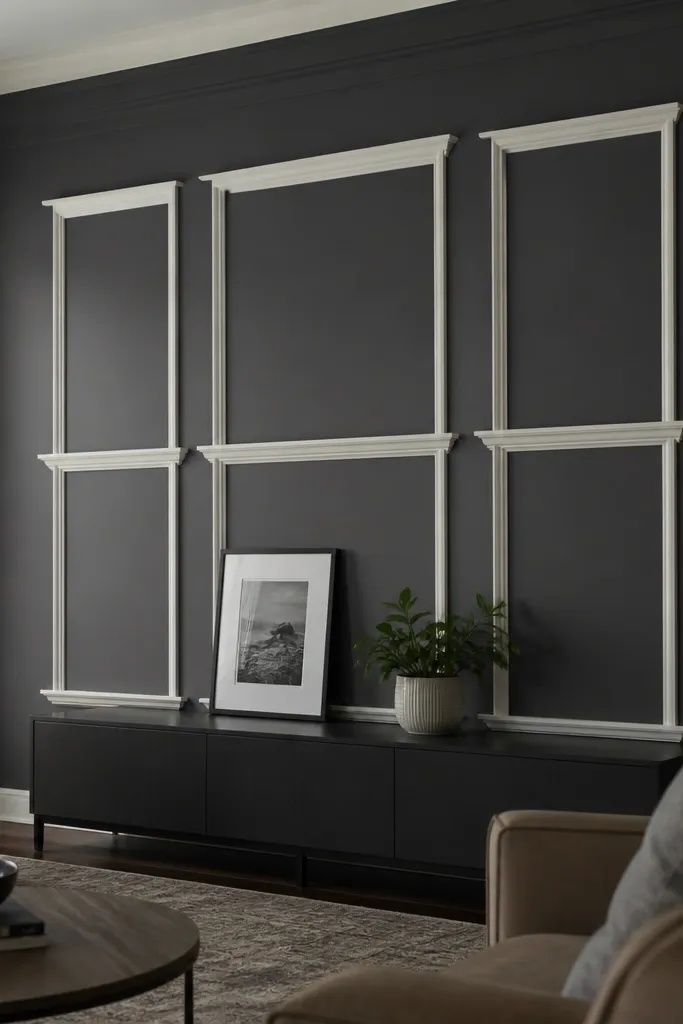 Moulding rectangles that look like floating shelves on a living room wall