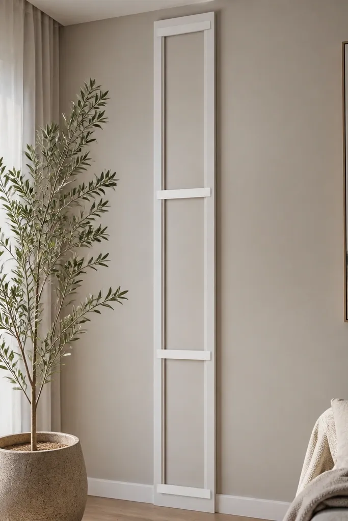 One tall vertical moulding strip with small horizontal cross bars on a living room wall
