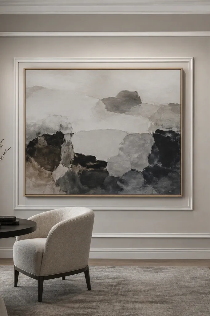 Two-layer nested rectangular moulding frame on a living room wall