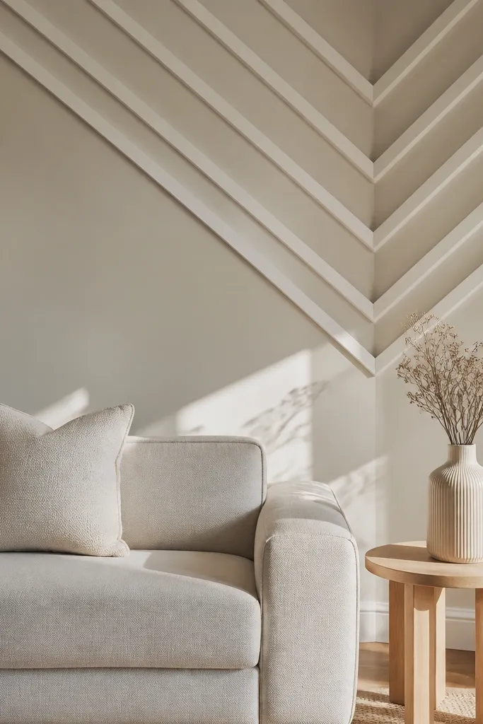 White chevron moulding accent pattern in a living room corner