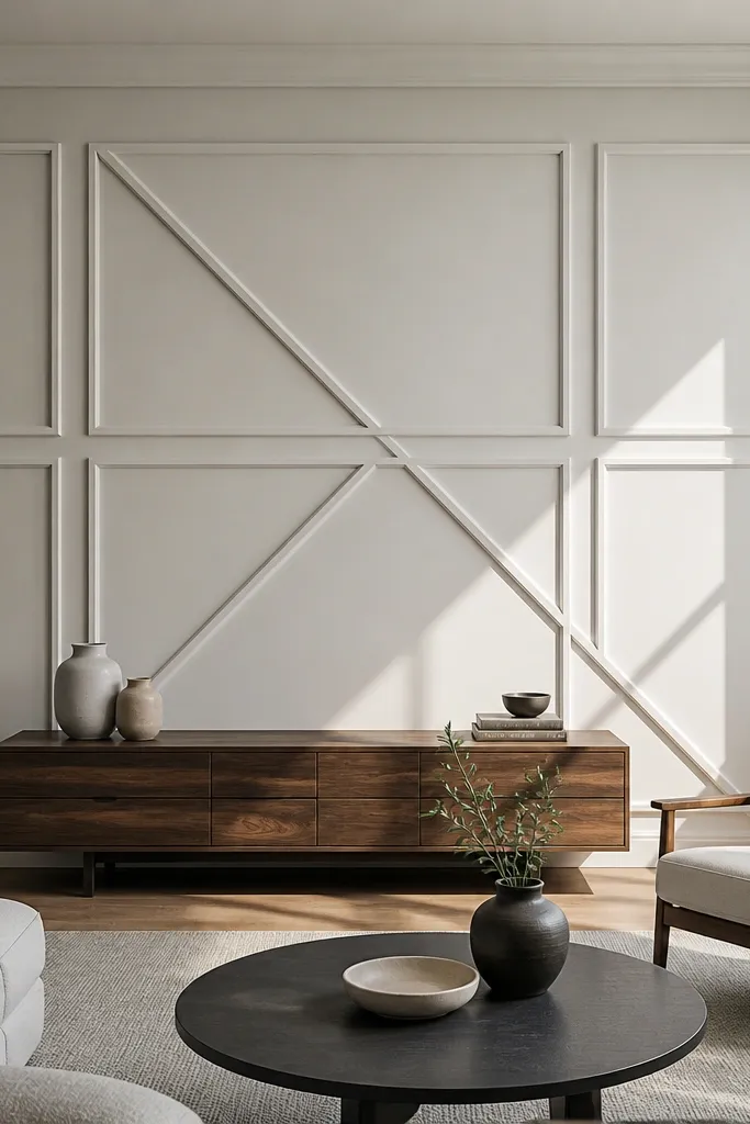 Square grid moulding with one diagonal brace in each panel on a living room wall