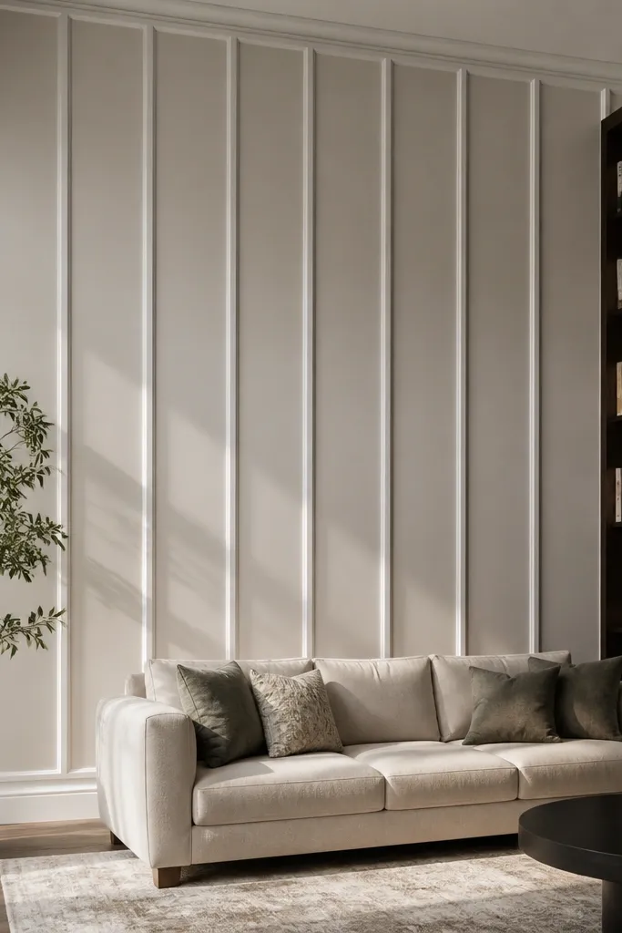 Ceiling-to-floor vertical moulding strips on a living room wall