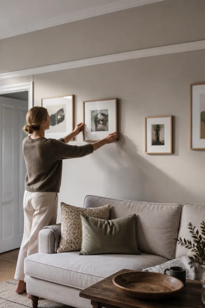 Narrow picture rail moulding line with small lower frames on a living room wall