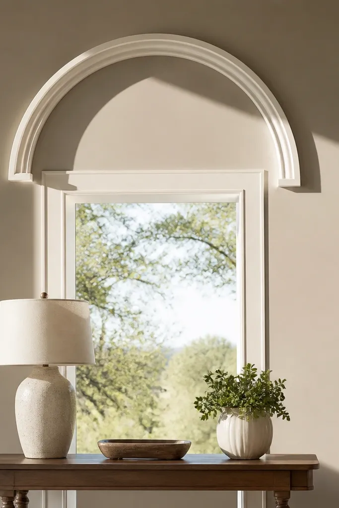 Half-arch moulding frame above a window in a living room wall