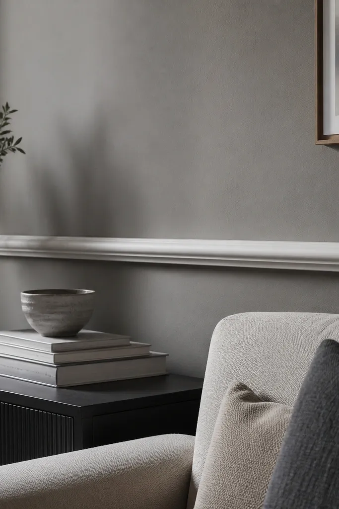 A moulding ledge border framing the top of a living room wall area