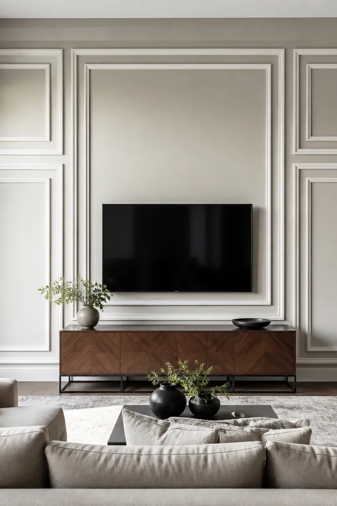 Stacked rectangular trim boxes on a living room wall in white