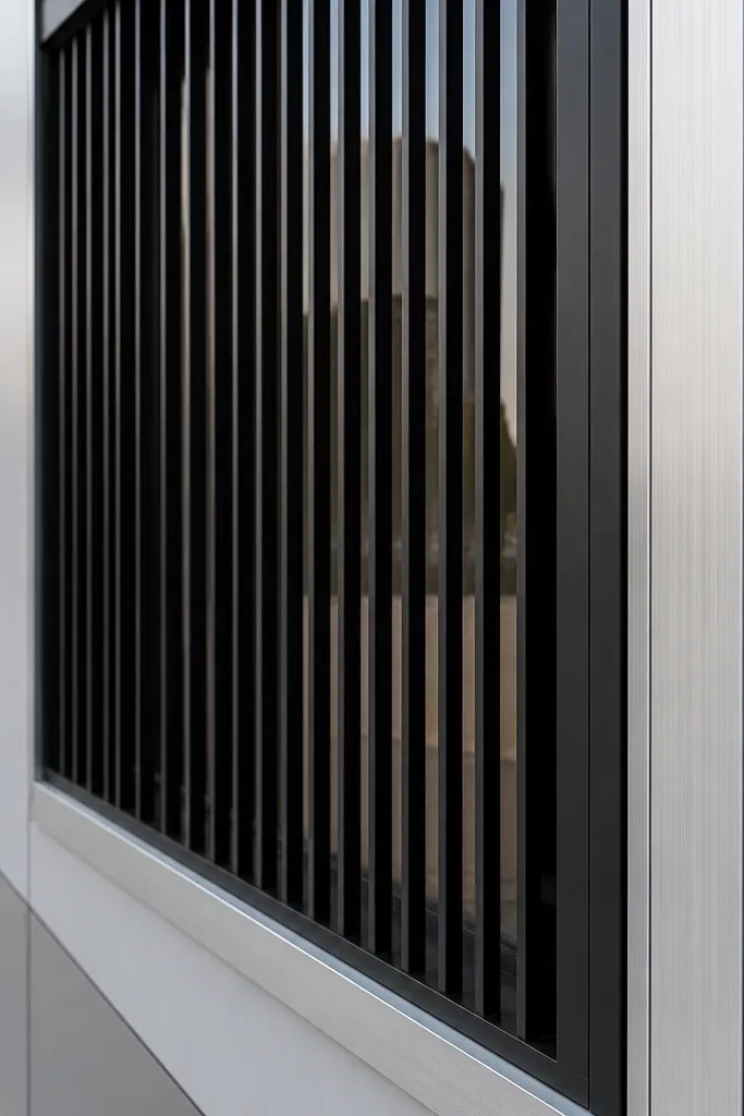 Matte black window grill with thin vertical bars and a neat rectangular frame