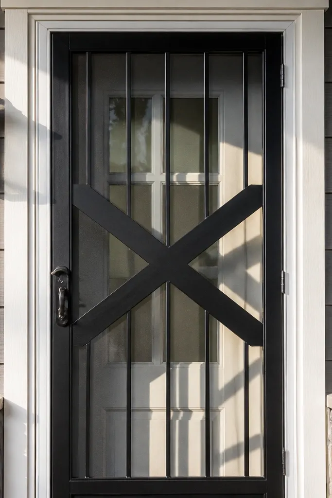 Black window grill with an X shape centered in a rectangular frame