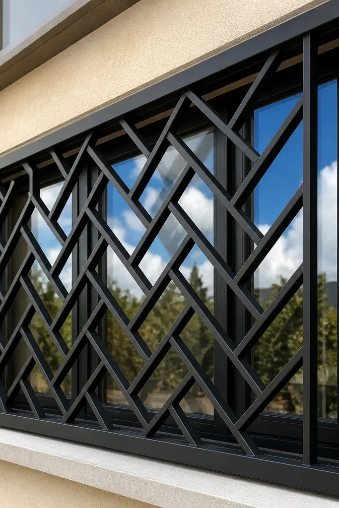 Black window grill with a herringbone pattern in two rows and thin corner lines