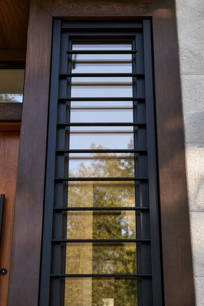 Window grill with horizontal ladder rungs and vertical end posts in black