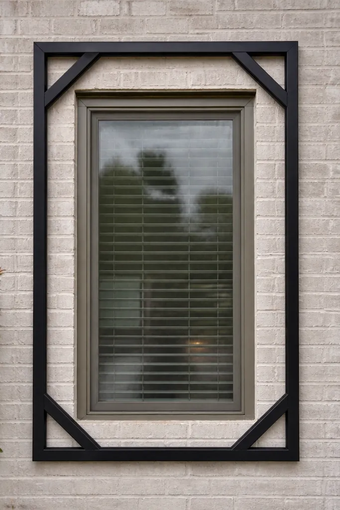 Black window grill with minimal border and simple corner accents, no scrolls
