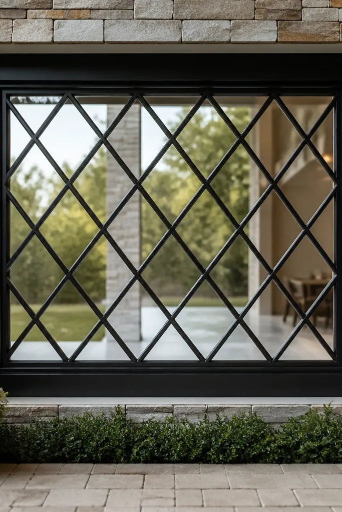 Black window grill with a diamond pattern in the center and a clean rectangular border
