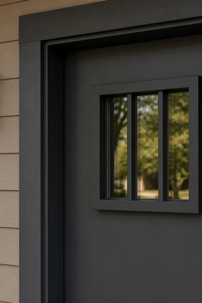 Black window grill with a box frame and two slim vertical columns in the middle